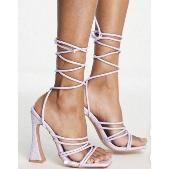 Public Desire Corbyn tie up heeled sandals in lilac croc Size 7 - Picture 1 of 13